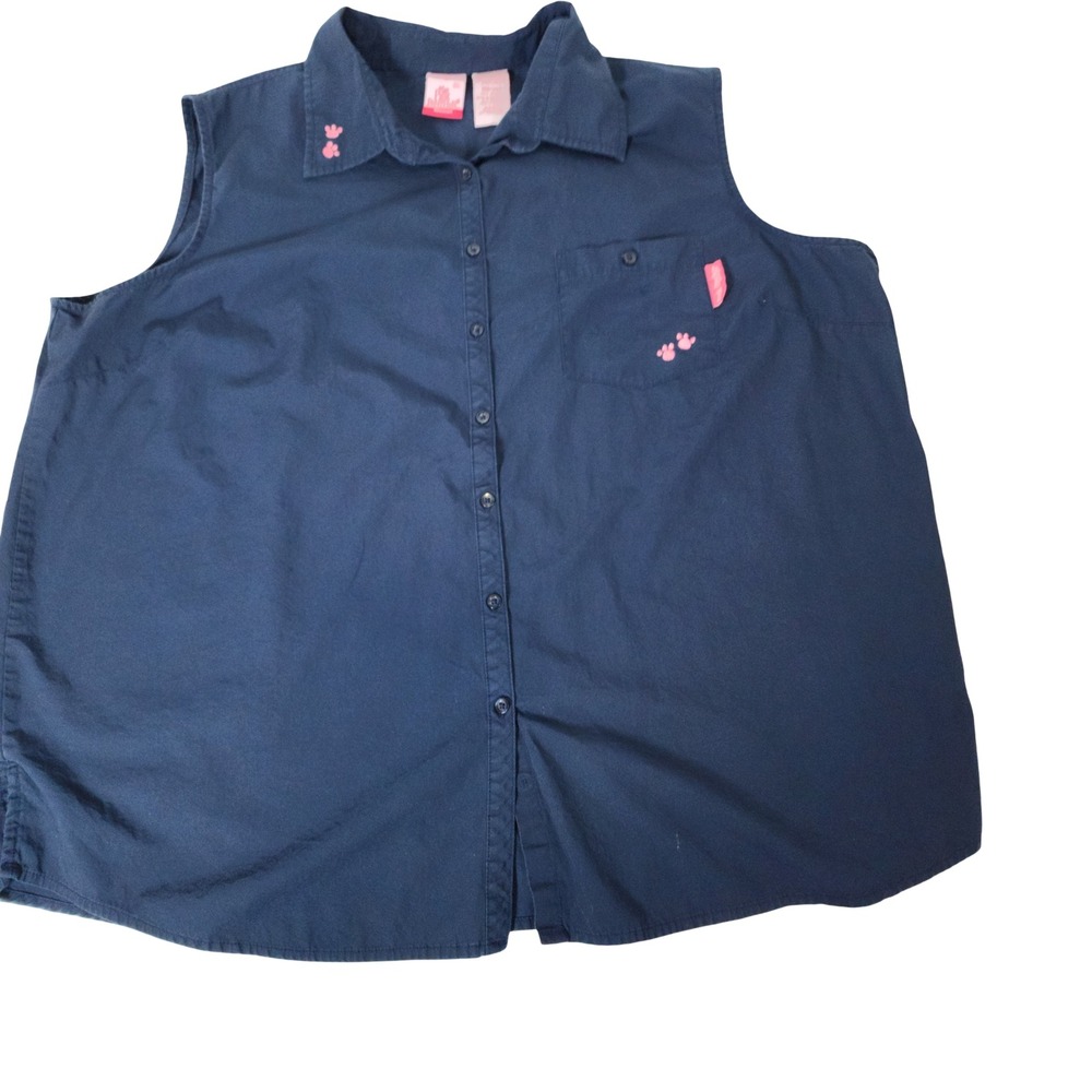Pink Panther Woman Navy Blue Sleeveless Button Down Shirt Cotton‎ Plus 18W/20W